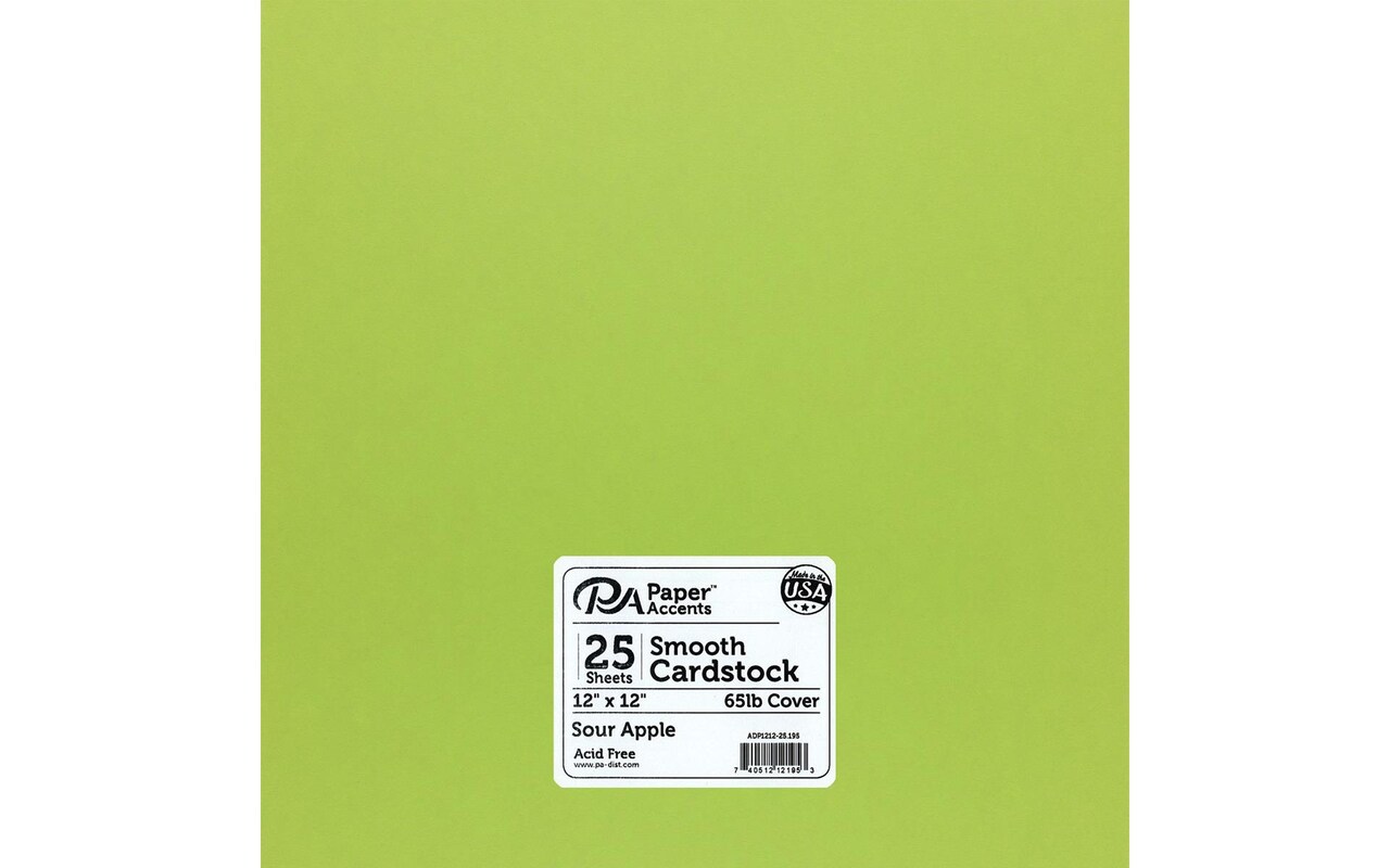 PA Paper Accents Smooth Cardstock 12&#x22; x 12&#x22; Sour Apple, 65lb colored cardstock paper for card making, scrapbooking, printing, quilling and crafts, 25 piece pack
